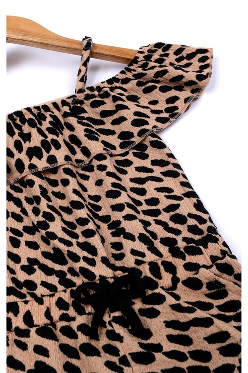 Kız Çocuk Açık Kahve Leopar Desenli 3-10 Yaş Şortlu Tulum 4157