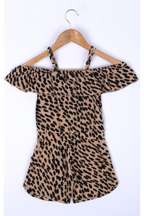 Kız Çocuk Açık Kahve Leopar Desenli 3-10 Yaş Şortlu Tulum 4157