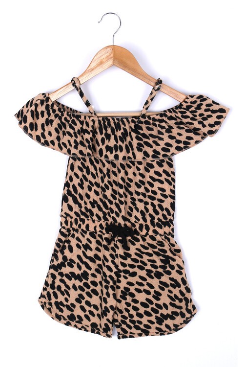 Kız Çocuk Açık Kahve Leopar Desenli 3-10 Yaş Şortlu Tulum 4157