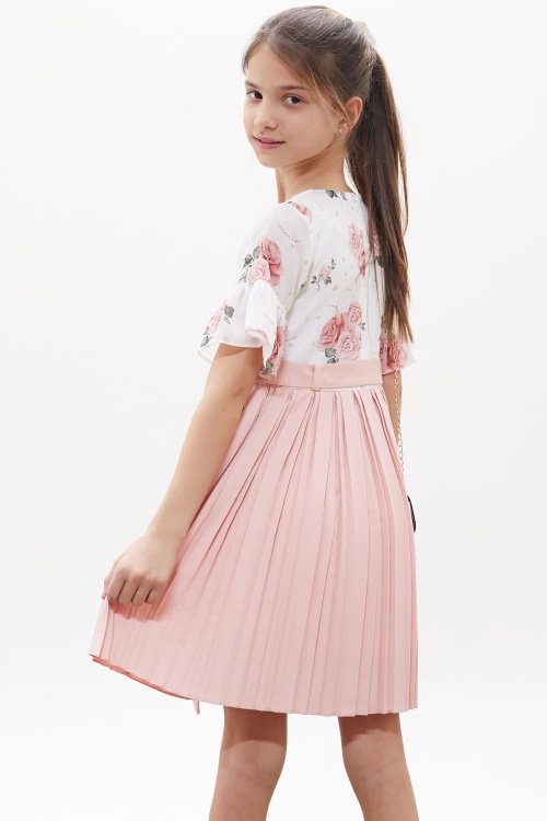 Açık Pembe Gül Desenli Kısa Kollu Çantalı Kız Çocuk Pileli Elbise 18263