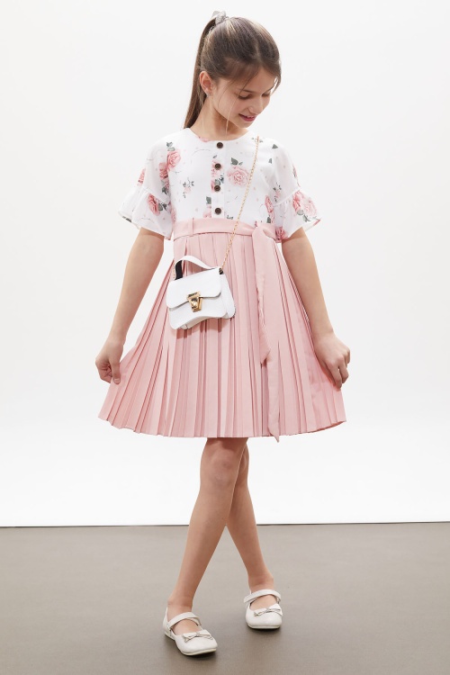 Açık Pembe Gül Desenli Kısa Kollu Çantalı Kız Çocuk Pileli Elbise 18263