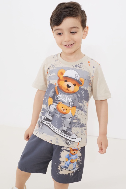 Antrasit Ayıcık Baskılı Bisiklet Yaka Erkek Çocuk Şortlu Takım 18683