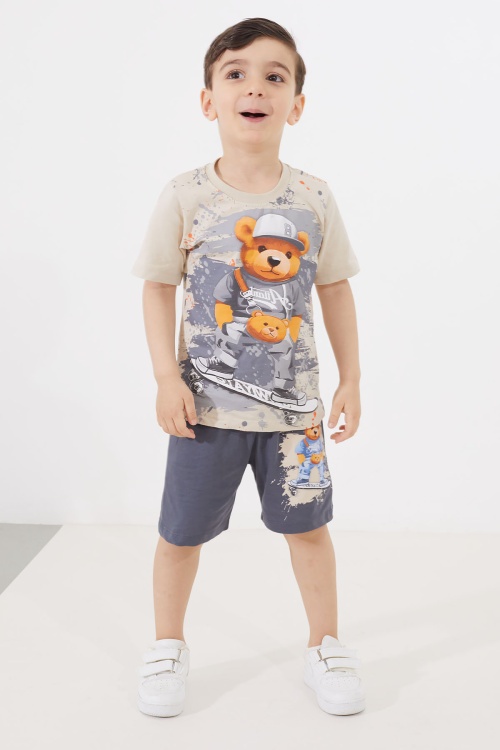 Antrasit Ayıcık Baskılı Bisiklet Yaka Erkek Çocuk Şortlu Takım 18683