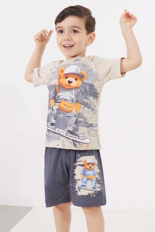 Antrasit Ayıcık Baskılı Bisiklet Yaka Erkek Çocuk Şortlu Takım 18683