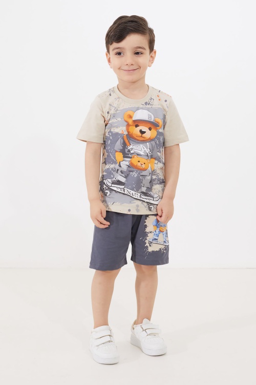 Antrasit Ayıcık Baskılı Bisiklet Yaka Erkek Çocuk Şortlu Takım 18683