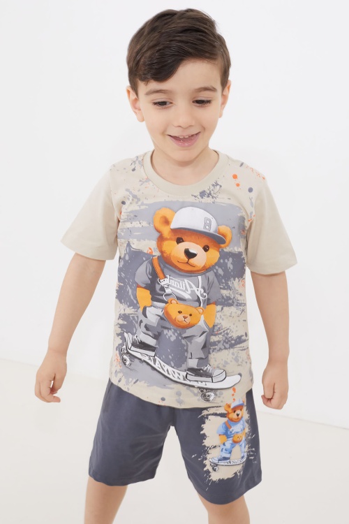 Antrasit Ayıcık Baskılı Bisiklet Yaka Erkek Çocuk Şortlu Takım 18683