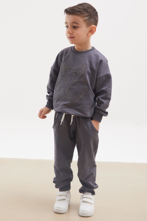 Antrasit Kurt Silüet Nakışlı Erkek Çocuk Eşofman Takımı 17965