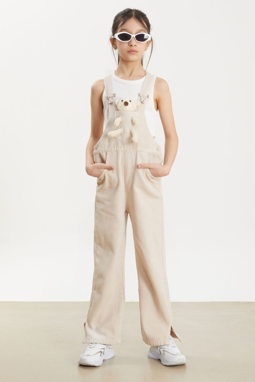 Bej Ayıcık Cepli Yırtmaçlı Kız Çocuk Salopet Tulum 17713