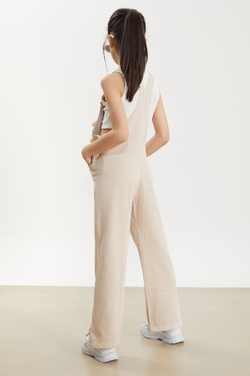 Bej Ayıcık Cepli Yırtmaçlı Kız Çocuk Salopet Tulum 17713