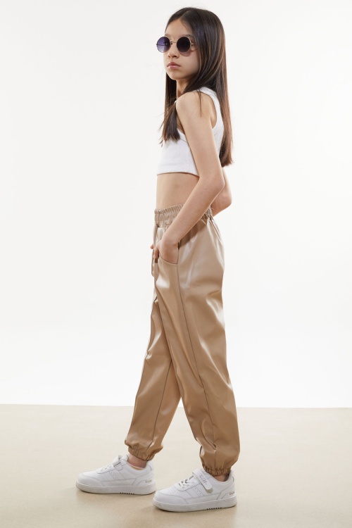 Bej Beli Lastikli Jogger Model Kız Deri Pantolon 18050