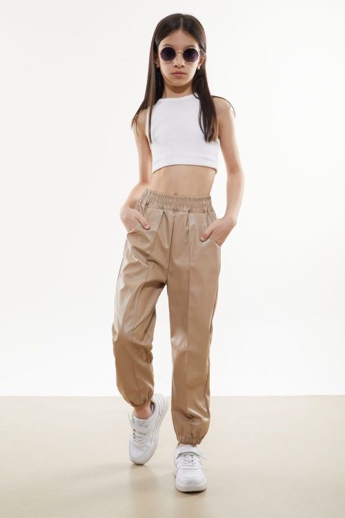 Bej Beli Lastikli Jogger Model Kız Deri Pantolon 18050