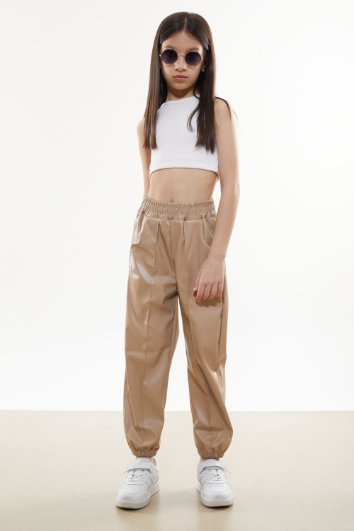 Bej Beli Lastikli Jogger Model Kız Deri Pantolon 18050