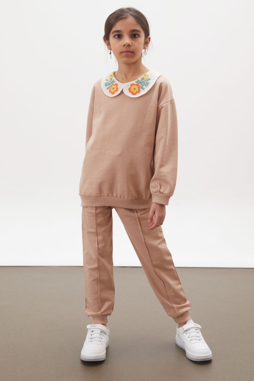 Bej Çiçekli Örgü Yakalı Kız Çocuk Alt Üst Takım 17941