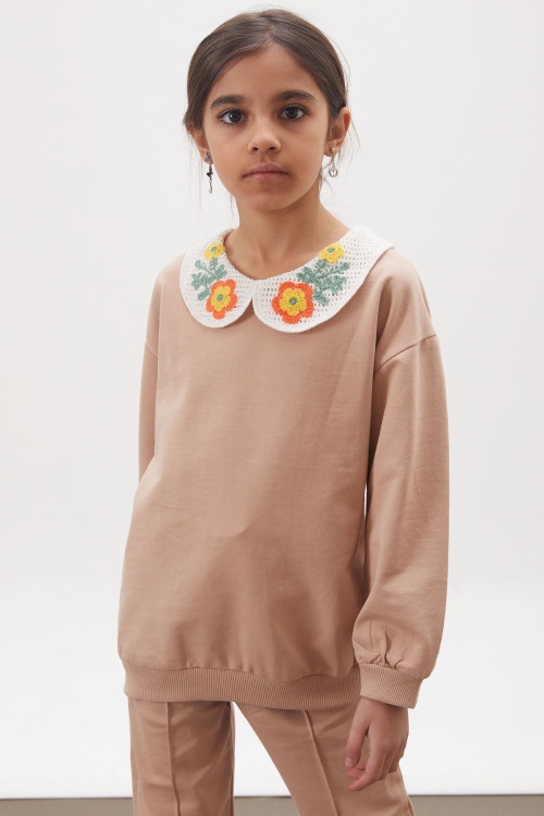 Bej Çiçekli Örgü Yakalı Kız Çocuk Alt Üst Takım 17941