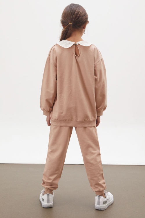 Bej Çiçekli Örgü Yakalı Kız Çocuk Alt Üst Takım 17941