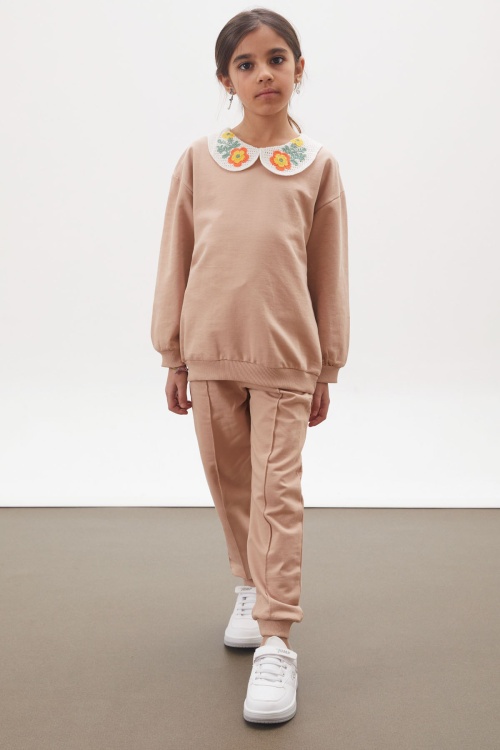 Bej Çiçekli Örgü Yakalı Kız Çocuk Alt Üst Takım 17941