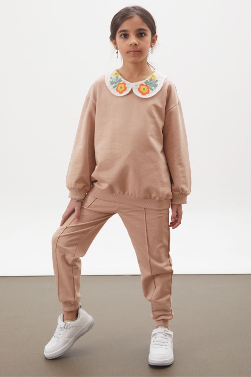 Bej Çiçekli Örgü Yakalı Kız Çocuk Alt Üst Takım 17941