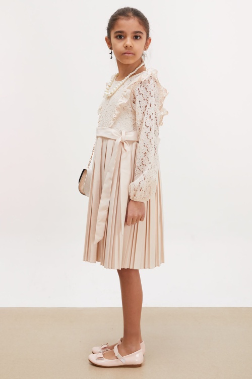 Bej Dantel Tüllü Kemerli Kız Çocuk Kolye ve Çantalı Elbise 18070