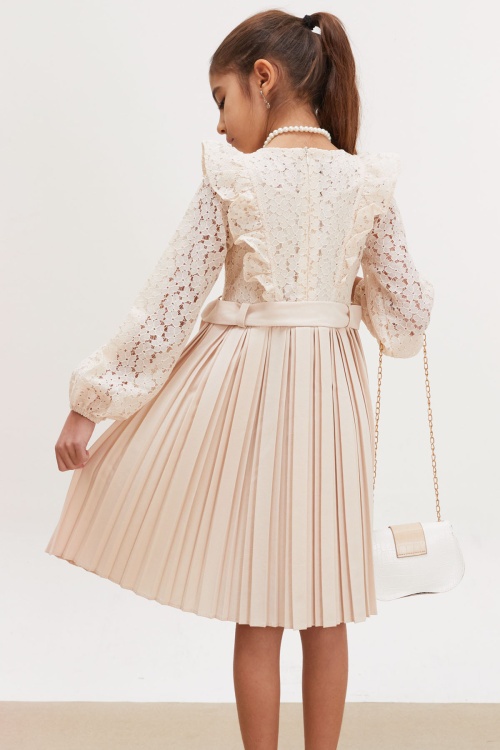 Bej Dantel Tüllü Kemerli Kız Çocuk Kolye ve Çantalı Elbise 18070