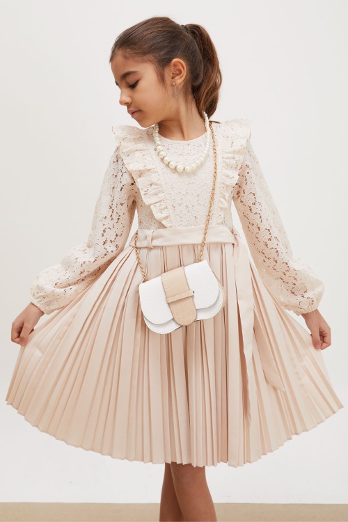 Bej Dantel Tüllü Kemerli Kız Çocuk Kolye ve Çantalı Elbise 18070