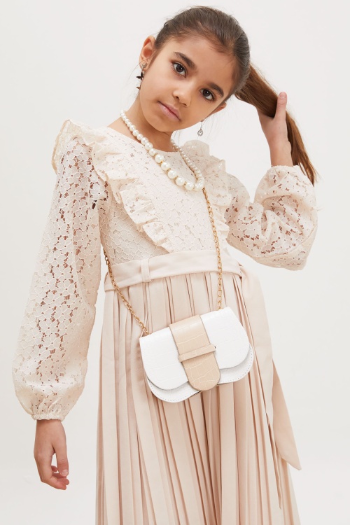 Bej Dantel Tüllü Kemerli Kız Çocuk Kolye ve Çantalı Elbise 18070