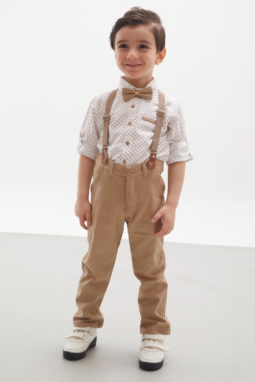 Bej Desenli Gömlekli Askılı Pantolonlu Erkek Çocuk Papyonlu Takım 18138