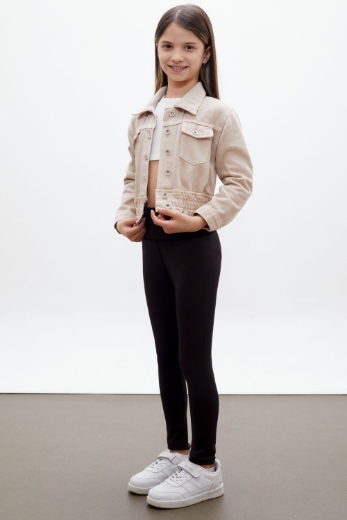Bej Düğmeli Beli Büzgülü Kız Çocuk Jean Ceket 18313