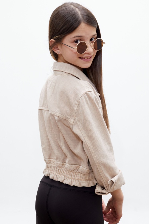 Bej Düğmeli Beli Büzgülü Kız Çocuk Jean Ceket 18313