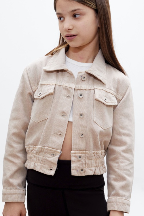 Bej Düğmeli Beli Büzgülü Kız Çocuk Jean Ceket 18313