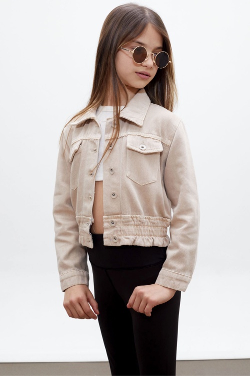 Bej Düğmeli Beli Büzgülü Kız Çocuk Jean Ceket 18313