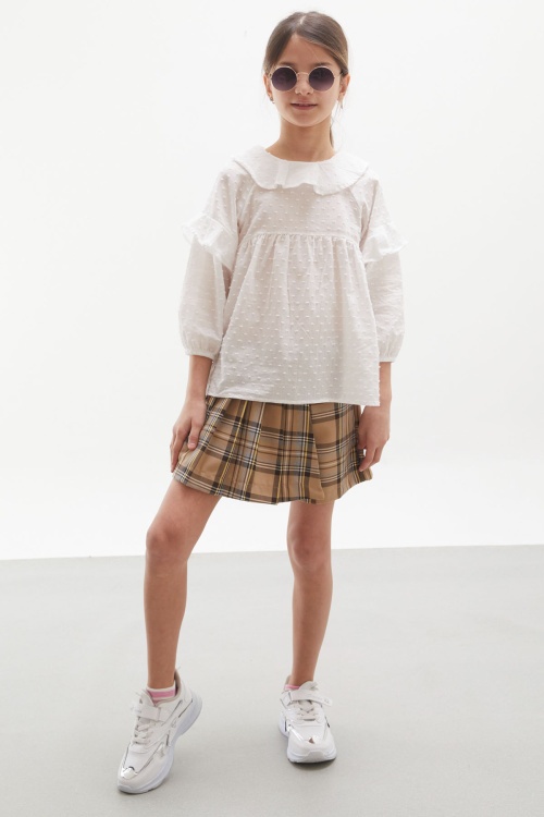 Bej Ekose Desenli Şort Etekli Gömlekli Kız Takım 17977