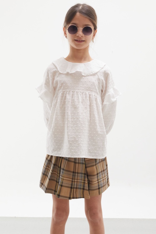 Bej Ekose Desenli Şort Etekli Gömlekli Kız Takım 17977