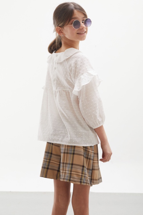 Bej Ekose Desenli Şort Etekli Gömlekli Kız Takım 17977