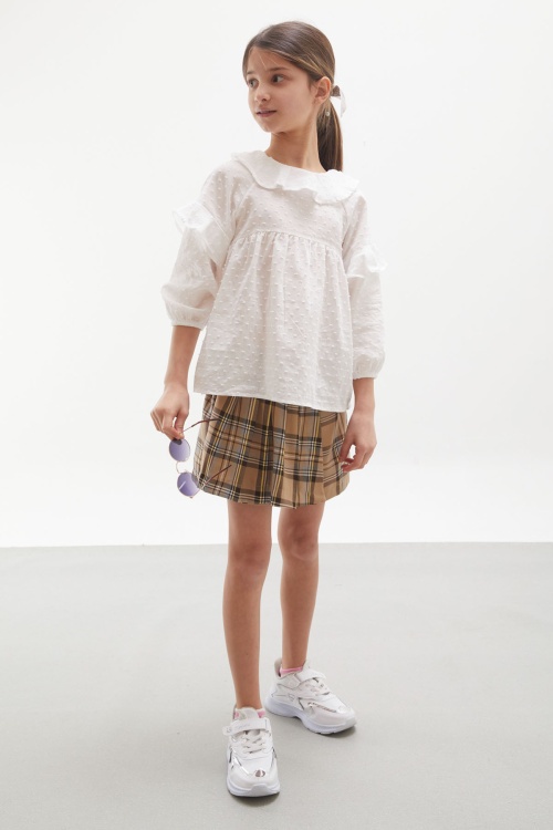 Bej Ekose Desenli Şort Etekli Gömlekli Kız Takım 17977