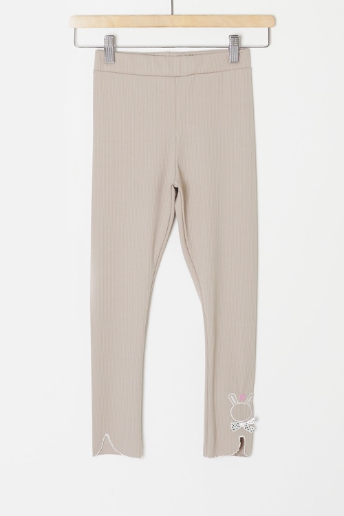 Bej Fiyonklu Tavşan Nakışlı Fitilli Kız Çocuk Yırtmaçlı Tayt 18150