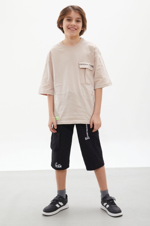 Bej Göğüs Cep Detaylı Erkek Çocuk Kaprili Takım 18078