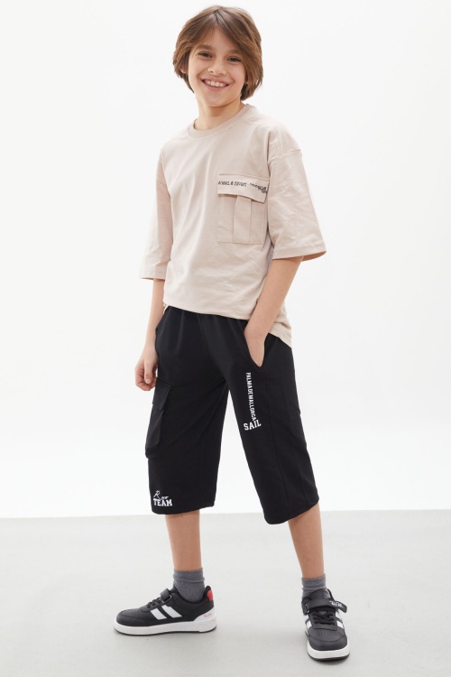 Bej Göğüs Cep Detaylı Erkek Çocuk Kaprili Takım 18078