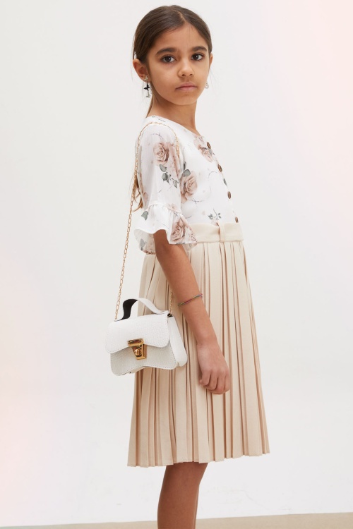 Bej Gül Desenli Kısa Kollu Çantalı Kız Çocuk Pileli Elbise 18193