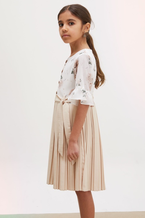 Bej Gül Desenli Kısa Kollu Çantalı Kız Çocuk Pileli Elbise 18193