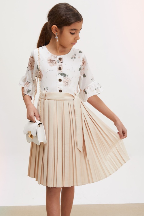 Bej Gül Desenli Kısa Kollu Çantalı Kız Çocuk Pileli Elbise 18193