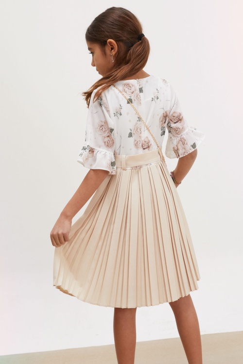 Bej Gül Desenli Kısa Kollu Çantalı Kız Çocuk Pileli Elbise 18193