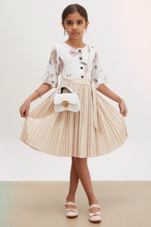 Bej Gül Desenli Kısa Kollu Çantalı Kız Çocuk Pileli Elbise 18193