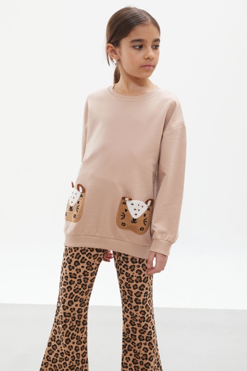 Bej İspanyol Paça Taytlı Cebi Ayıcıklı Badili Kız Çocuk Takım 17935