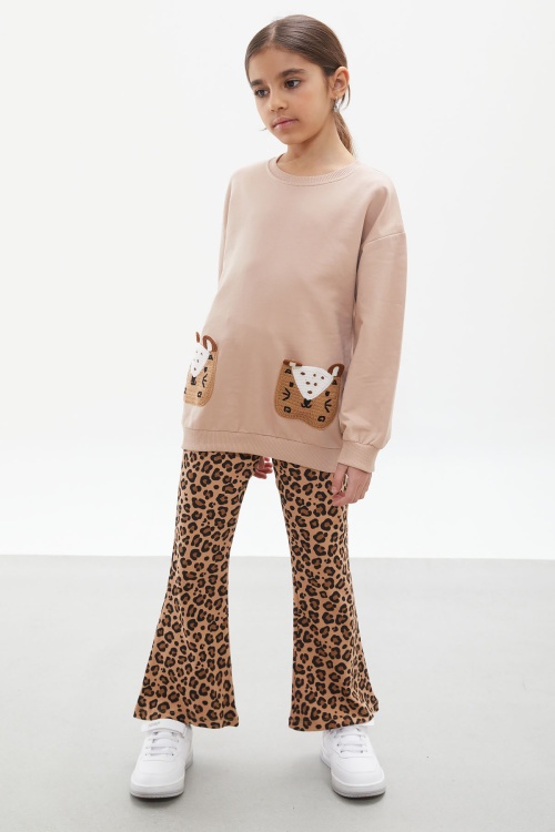 Bej İspanyol Paça Taytlı Cebi Ayıcıklı Badili Kız Çocuk Takım 17935