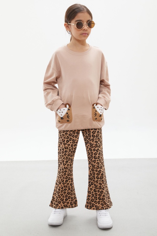 Bej İspanyol Paça Taytlı Cebi Ayıcıklı Badili Kız Çocuk Takım 17935