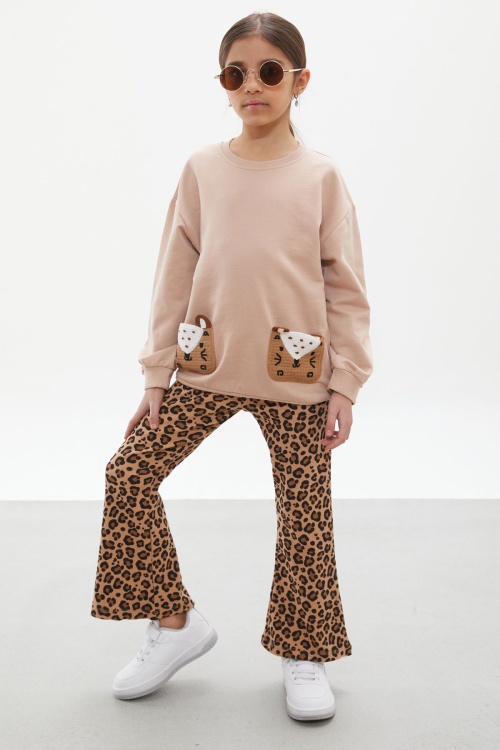 Bej İspanyol Paça Taytlı Cebi Ayıcıklı Badili Kız Çocuk Takım 17935