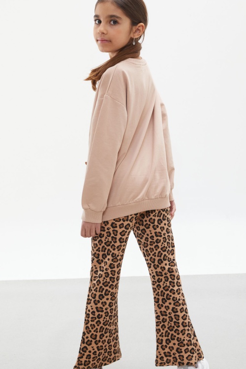 Bej İspanyol Paça Taytlı Cebi Ayıcıklı Badili Kız Çocuk Takım 17935