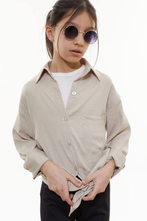 Bej Kalp Baskılı Yırtmaç Detaylı Kız Çocuk Düğmeli Gömlek 18430