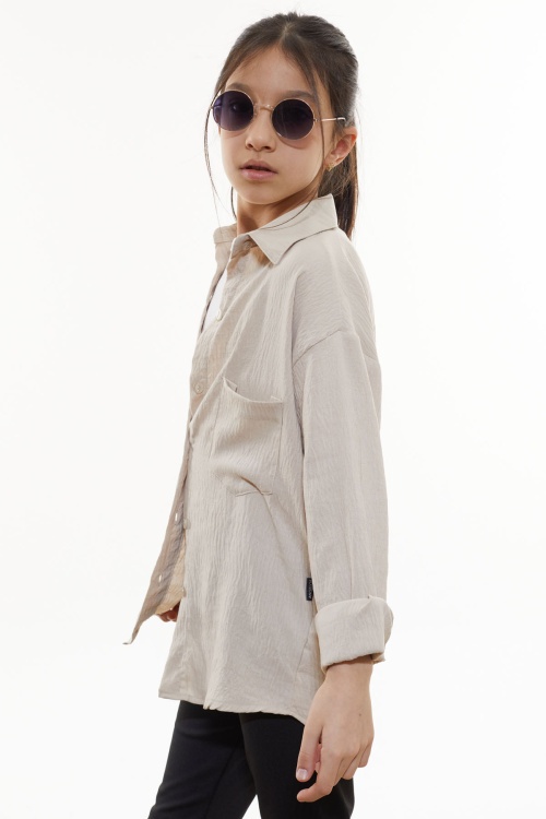 Bej Kalp Baskılı Yırtmaç Detaylı Kız Çocuk Düğmeli Gömlek 18430