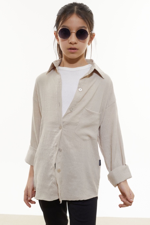 Bej Kalp Baskılı Yırtmaç Detaylı Kız Çocuk Düğmeli Gömlek 18430